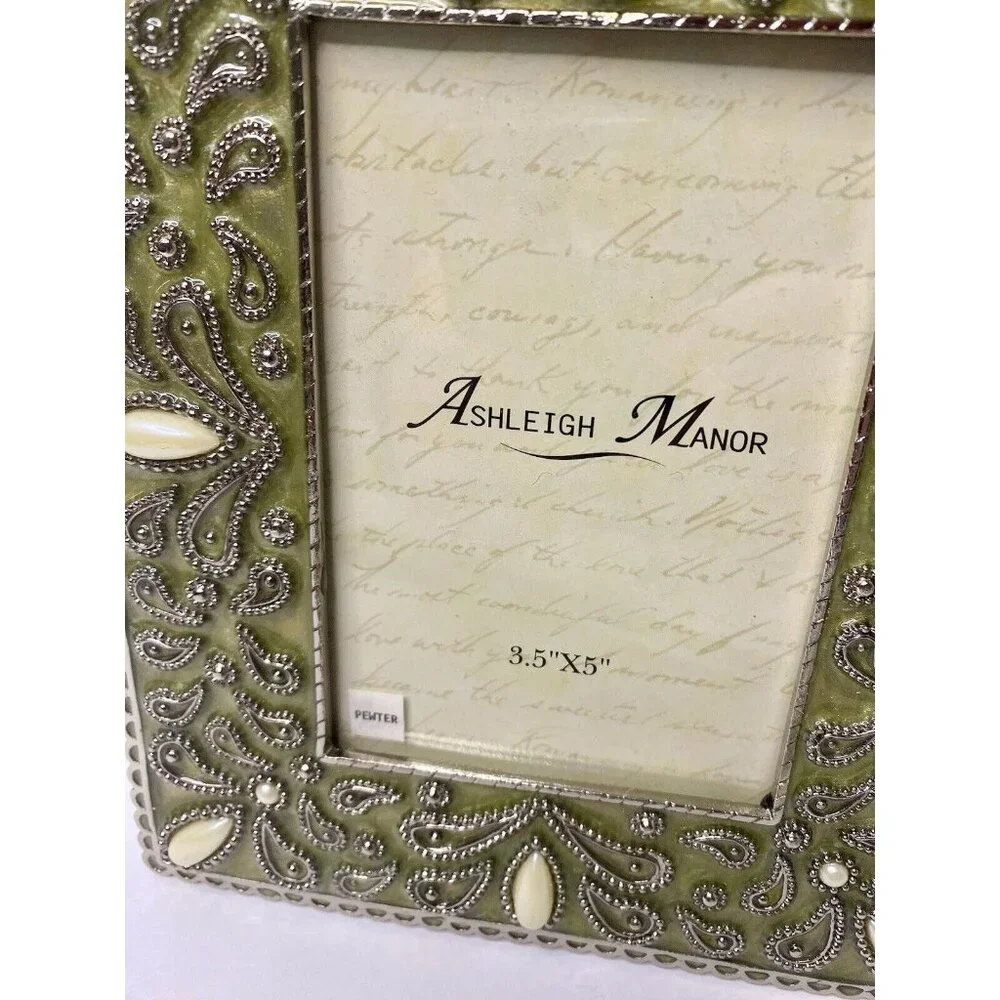 Ashleigh Manor Picture Photo Frame Jeweled Green Enamel Easel Back 3.5x5” Pewter